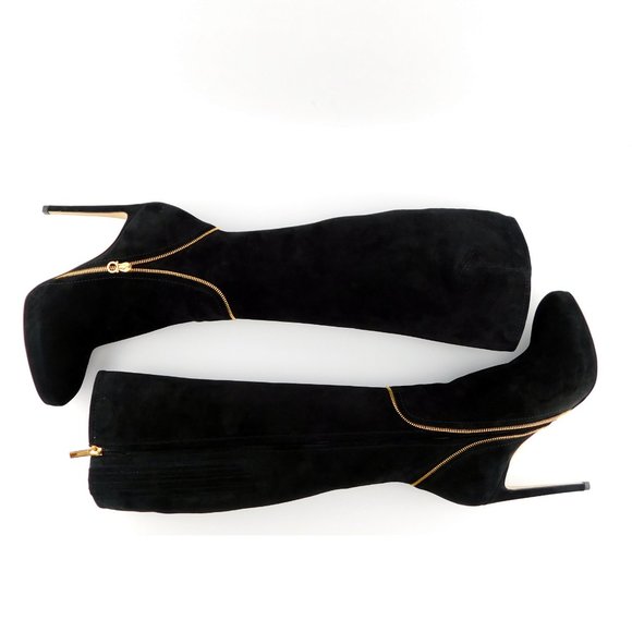 FERRAGAMO Logo Zipper Accent Black Suede Leather Platform Heel Boots 6.5 - Picture 5 of 12